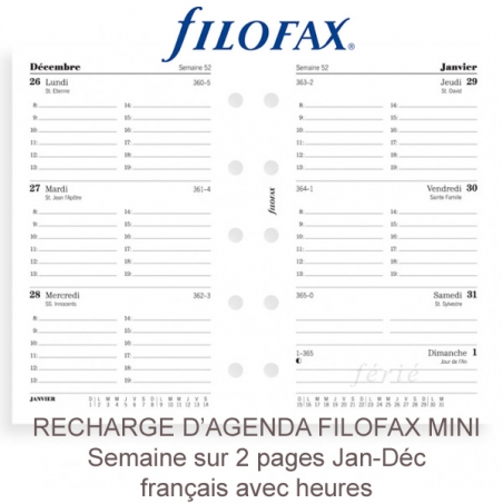 Filofax - Recharge MINI semaine sur 2 pages + heures en français 2015 ::  Filofax :: Recharge Agenda