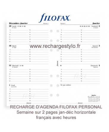 FILOFAX Recharge format pocket Semaine sur deux pages avec Heures